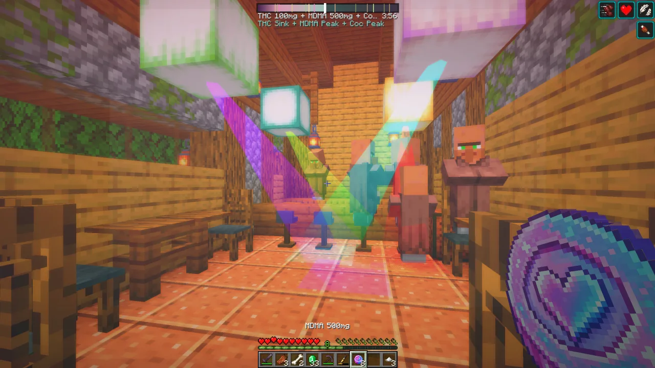 Village tavern interior with colorful club lighting and a villager under MDMA effects