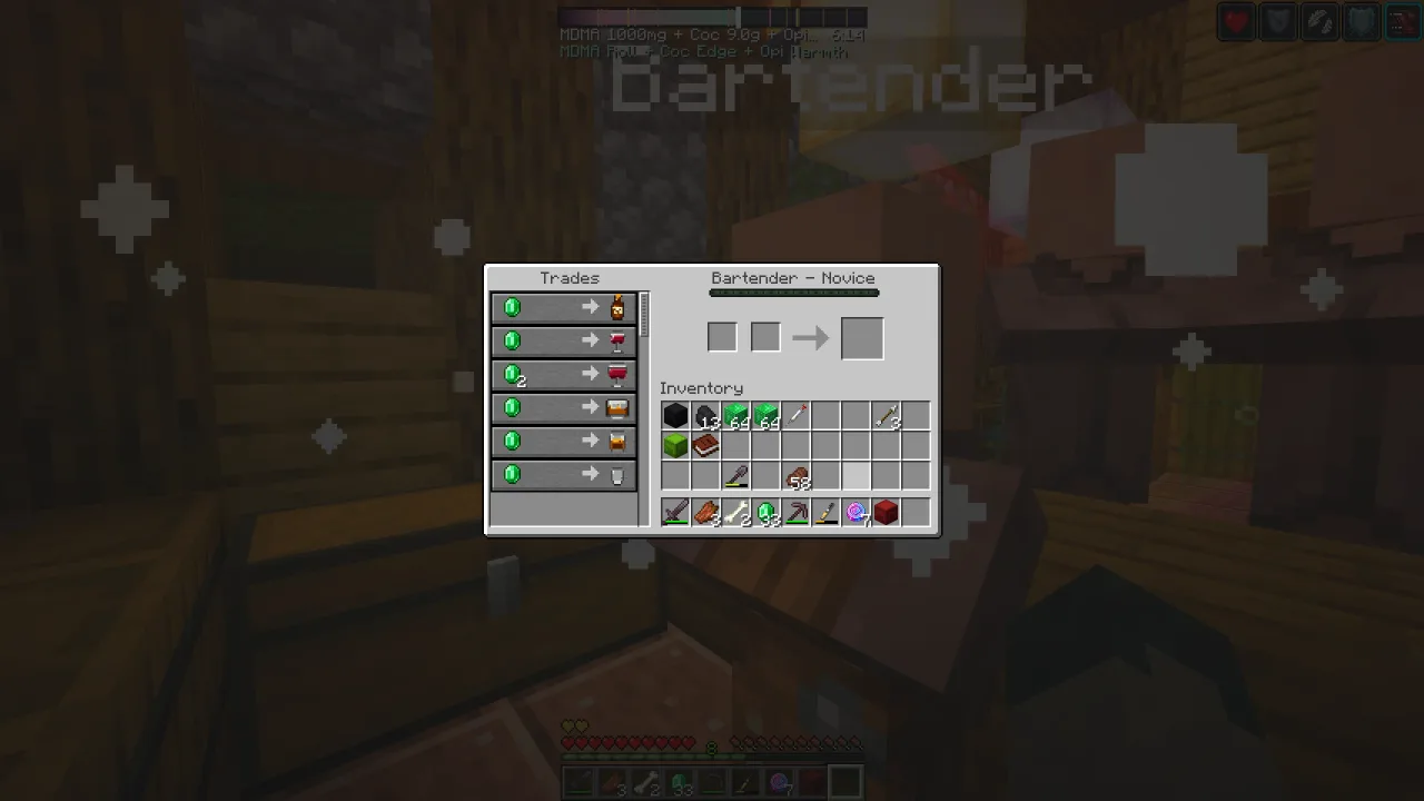 Bartender villager trade menu inside a village tavern